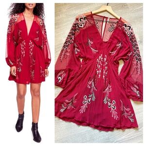 FREE PEOPLE Elegant Red Embroidered Dress, Size XS